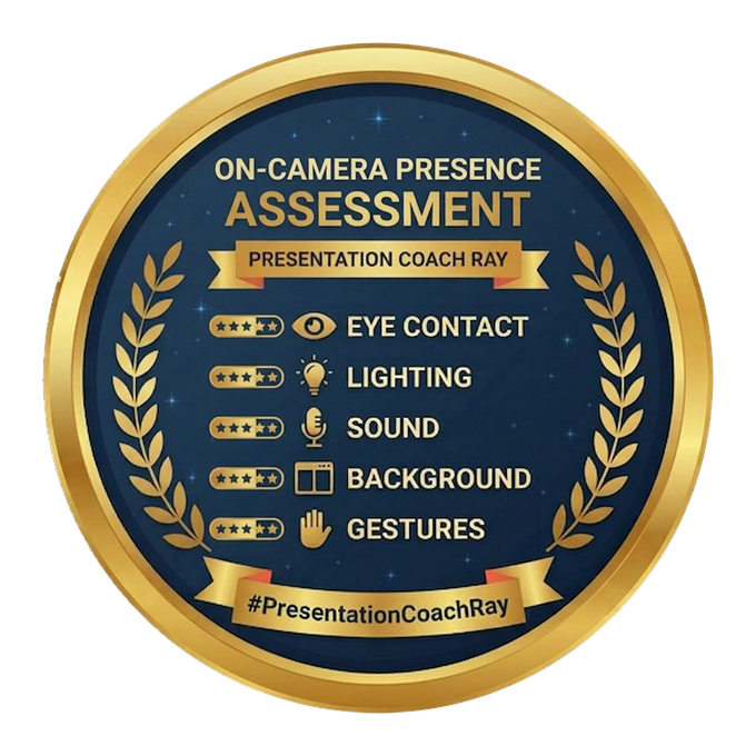 On-Camera Presence Assessment badge: Eye Contact, Lighting, Sound, Background, Gestures