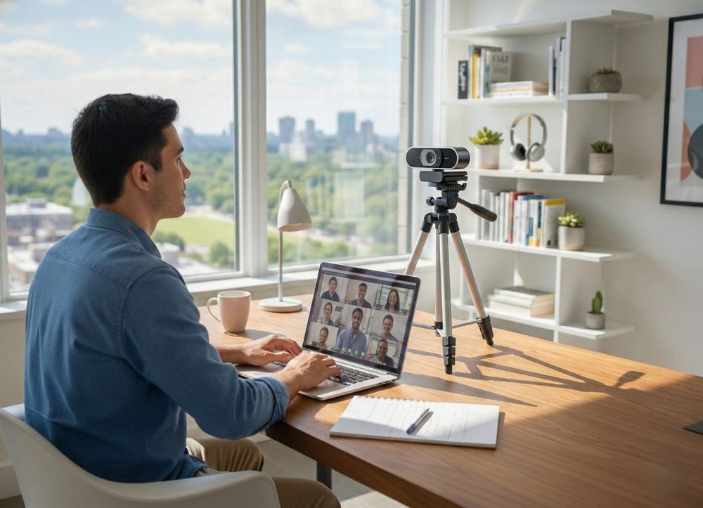 Webcam raised on a desk tripod