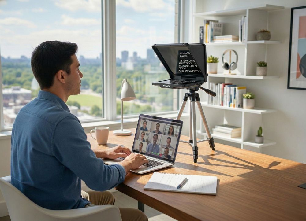 Teleprompter with script, real eye contact